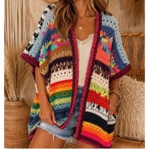 Handmade Crochet Knit Cardigan Poncho Multi Color Yarn Boho Open Front Sweater